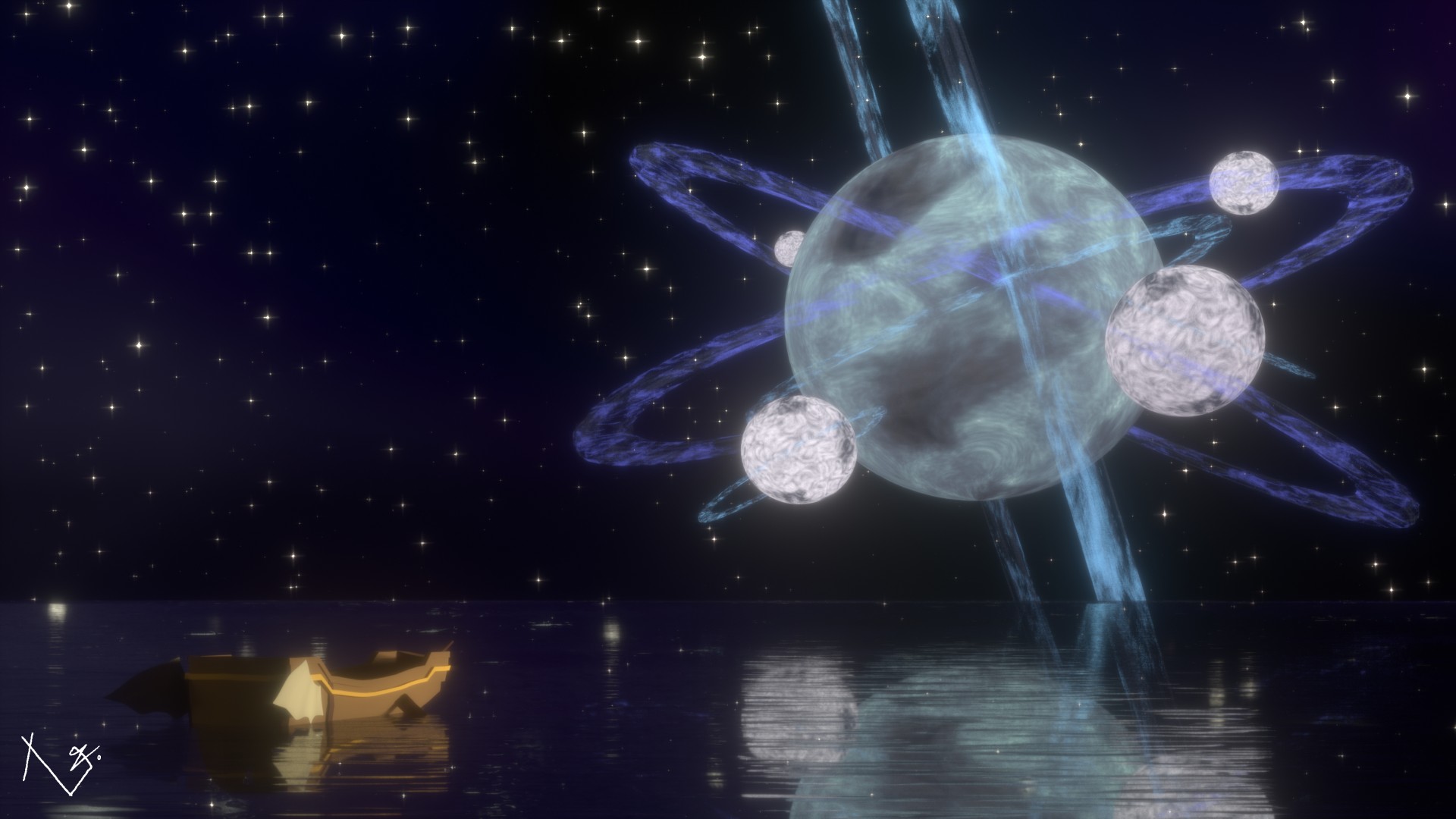 boat in the sea of space looking at a strange system of planets